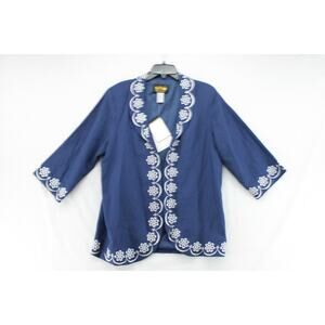 NWT Bob Mackie Wearable Art Women's Jacket Blue Large Linen Blend Embroidered